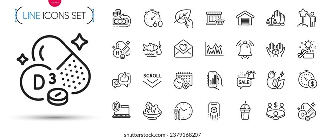 Paquete de ideas creativas, letras de amor e iconos de la línea de encuentro. Incluye timbre de promoción, garaje de estacionamiento, iconos del pictograma de timbre de notificación. Aplicación de análisis, Desplazarse hacia abajo, Señales de energía verde. Vector