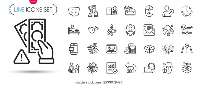 Pack of Credit card, Vanadium mineral and Versatile line icons. Include Bribe, Face protection, Open box pictogram icons. Love message, 24h service, Smartphone message signs. Vector