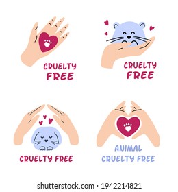 Pack Of Cruelty Free Badges. Hand Drawn Collection Of Animal Testing Ban Labels. Not Tested On Animals, Vegan Cosmetic Concept. Vector Illustration 