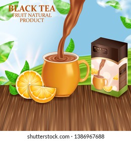 Pack and cup with fruit tea. Natural orange fruit drink.