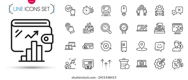 Pack of Cursor, Sales diagram and E-mail line icons. Include Scroll down, Swipe up, Certificate pictogram icons. Wallet, Inspect, Pin signs. Atm, Discounts chat, Refrigerator. Vector