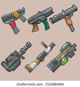 Empaquetar con armas personalizadas, arte de píxeles, vectores de armas editables.