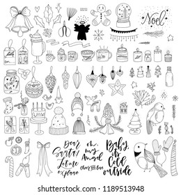 Pack of cute christmas illustrations isolated on a white background. Cute doodle new year design elements.