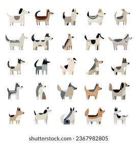 Pack of cute dogs. Dogs of different breeds in trendy flat style. For t-shirt, banner, style, print, card, product, vector illustration. Flat vector illustration. Isolated on white background.