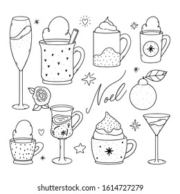 Pack of cute doodle illustration of Christmas winter drinks.