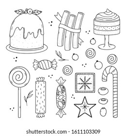 Pack of cute doodle illustration of yummy Christmas foods.