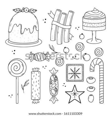 Pack of cute doodle illustration of yummy Christmas foods.