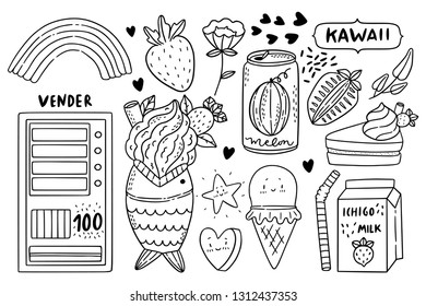 Pack of cute doodle style illustration of most common japanese food and drinks. Simple line icons.