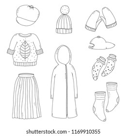 Pack of cute fall clothes illustration in a hand drawn doodle style. 