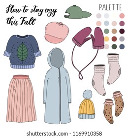 Pack of cute fall clothes illustration in a hand drawn doodle style. 