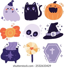 Pacote de personagens bonitos de Halloween e ilustração de elementos isolados