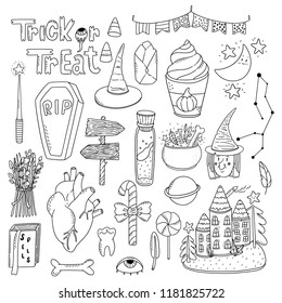 Pack of cute haloween doodle sticker illustrations. Hand drawn design elements. 