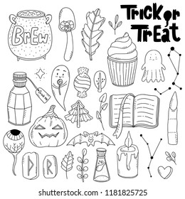 Pack of cute haloween doodle sticker illustrations. Hand drawn design elements. 