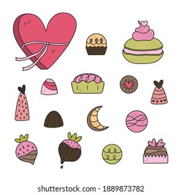 Pack of cute hand drawn dessert illustrations. Pastry, sweets, ice-cream, chocolate, candy.
