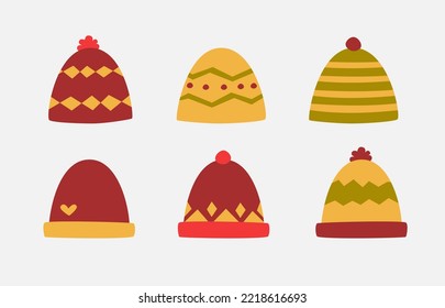 pack of cute hand drawn style beanie for winter season themed design elements or resources. flat vector illustration beanie hat in warm color