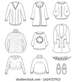 Pack of cute illustrations of cozy winter clothes. 
