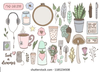 Pack of cute illustrations in mori girl style. Simple lovely illustrations, separate design elements.
