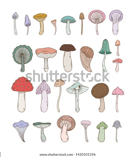 Pack Cute Mushroom Illustrations Lovely Doodle Stock Vector (Royalty