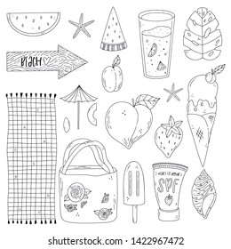 Pack of cute summer illustration. Colorful and cute seasonal objects. 