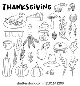 Pack of cute thanksgiving illustration. Doodle design elements. 