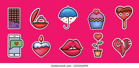 Pack of cute vector love stickers for daily planner and diary. Collection of scrapbooking design elements for valentines day, heart, holiday gift, ice cream. Romantic doodle vector icons set