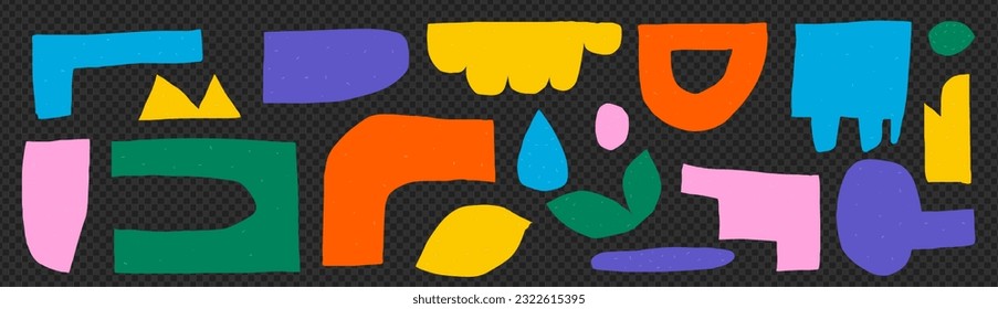 A pack of cut-out abstract shapes. Bright geometric forms in a naive style. On a transparent background as png. Vector illustration with texture. Water drop, crowns, leaf and irregular organic shapes