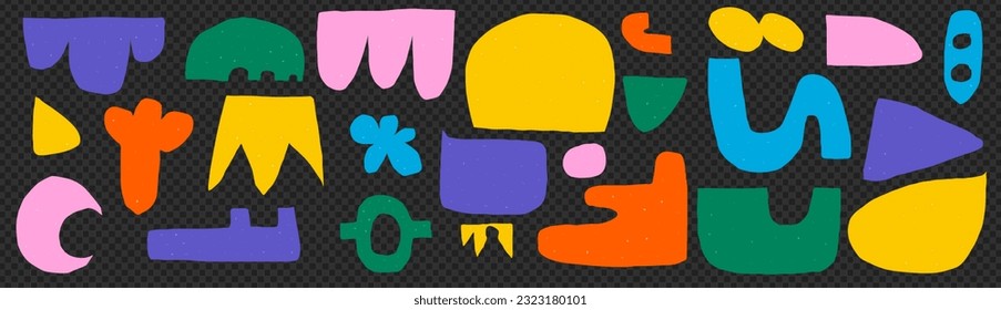 A pack of cut-out abstract shapes. Bright geometric forms in a naive style. On a transparent background as png. Vector illustration with texture. Wave, crowns, moon and irregular organic shapes. 