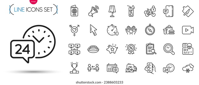 Pack of Cutting board, Megaphone and Delivery truck line icons. Include Video camera, Hold heart, Snow weather pictogram icons. Video conference, Water glass, Discount signs. Vector