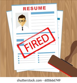A pack of CV sheets with a “Fired” stamp. Firing, discharge, dismissal, retirement concepts. Vector illustration in flat design.