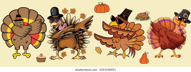 Pack of Dabbing Turkeys for Celebrating the Thanksgiving with Food and Thanksgiving Elements for Designers