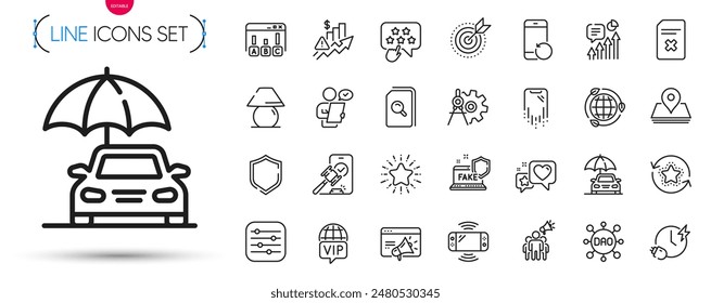 Pack of Dao, Search files and Kpi line icons. Include Smartphone recovery, Cogwheel dividers, Recovery phone pictogram icons. Filter, Seo marketing, Star signs. Shield, Vip internet. Vector