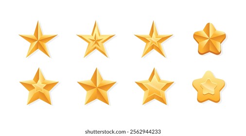 Pack of decorative stars. Gold stars design vector illustration isolated. Sparkling stars collection. Glittery gold. Decorative golden twinkle stars. Gradient colors yellow gold. 