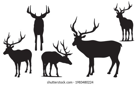 pack of Deers vector silhouette illustration isolated on white background