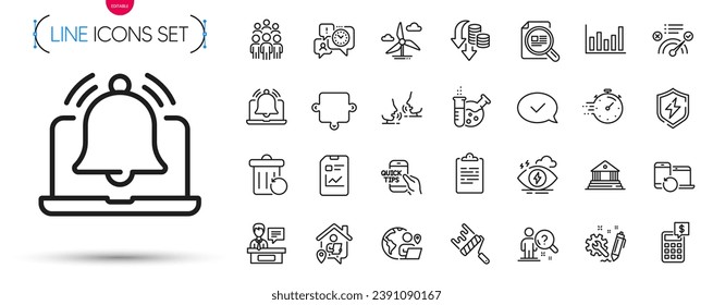 Pack of Deflation, Reminder and Calculator line icons. Include Check article, Recovery trash, Time management pictogram icons. Approved message, Work home, Timer signs. Education. Vector