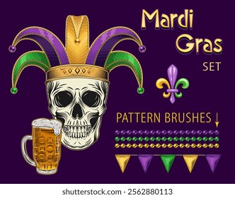 Pack of design elements for Mardi Gras holiday with human skull in jester harlequin hat, beer glass, bead strings, fleur de lis sign. Clip art in vintage style