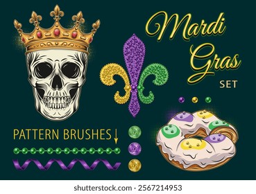 Pack of design elements for Mardi Gras festival with human skull in crown, beaded fleur de lis symbol, coins, beads, king cake, streamer ribbon, inscription Mardi Gras on dark background. Clip art.