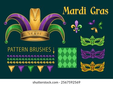 Pack of design elements for Mardi Gras with jester hat, bead strings, masquerade masks, harlequin pattern, holiday confetti, trinket, bling, text. Clip art in vintage style