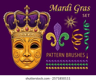 Pack of design elements for Mardi Gras masquerade with venetian mask in crown, bead strings, streamer ribbons, golden star, beaded fleur de lis sign, text. Clip art in vintage style.