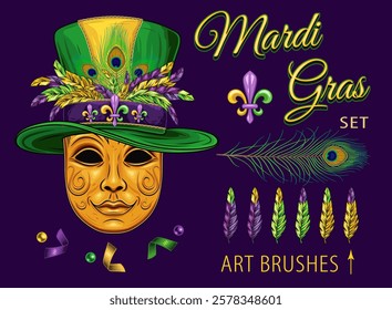 Pack of design elements for Mardi Gras carnival with masquerade mask, fleur de lis symbol, feathers, confetti, beads, inscription Mardi Gras on dark background. Clip art.