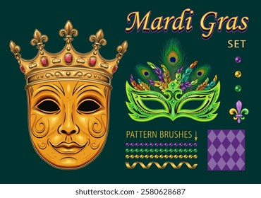 Pack of design elements for Mardi Gras masquerade with venetian mask in golden crown, bead strings, streamer ribbon, harlequin pattern, holiday trinket, bling, text. Clip art in vintage style.