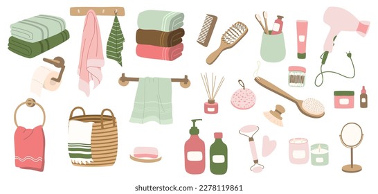 Pack of design of objects and cosmetics for the bathroom. Personal daily self care accessories and hygiene with massage products,  hygiene products, spa products.  Vector illustration isolated