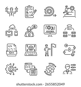 Paquete de iconos de estilo de línea de proceso de desarrollo 