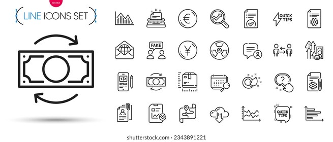 Pack of Diagram chart, Documentation and Horizontal chart line icons. Include Yen money, Quick tips, Report checklist pictogram icons. Interview documents, Technical documentation. Vector