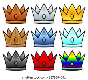 Pack of different colored crowns. Various colors and material options. Isolated vector illustration on white background. Icons for ranking system, achievements and winner announcement badges.