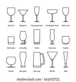 pack of different thin line stemware. concept of party, classic menu, pub, barman, gift, date, valentine day, cafe, liquor, vodka. outline style isolated logotype graphic design on white background