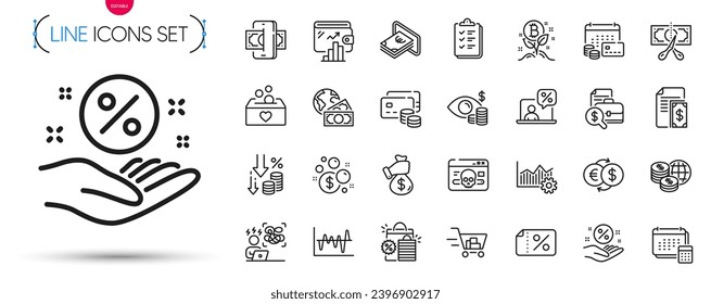 Pack of Difficult stress, Payment and Discount banner line icons. Include Launder money, Business vision, Online tax pictogram icons. Deflation, Phishing, Account signs. Cash. Vector