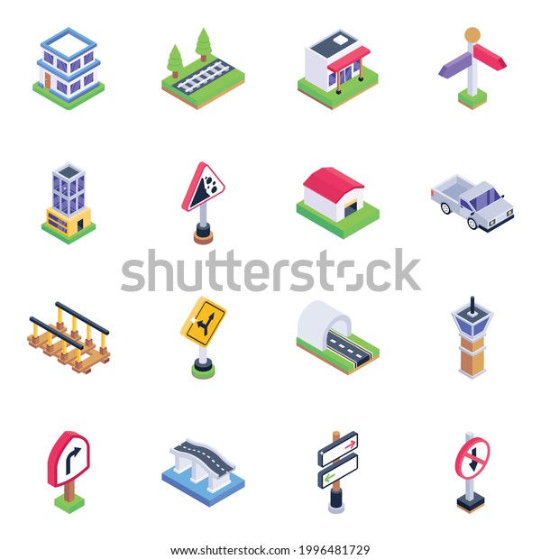 Pack of\
Direction Boards and Bridges Isometric Icons\
