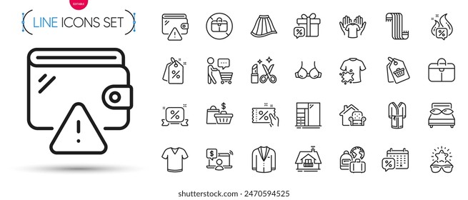 Pack of Discount coupon, Sale gift and Dirty t-shirt line icons. Include Discounts ribbon, Online shopping, Buyer think pictogram icons. Suit, Wallet, Balcony signs. T-shirt. Vector