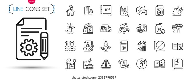 Pack of Documentation, Buildings and Power info line icons. Include Lighthouse, Algorithm, Circle area pictogram icons. Charging station, Eco power, Help signs. Square meter, Fuel price. Vector