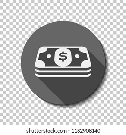 Pack of dollar money or vouchers. Business icon. flat icon, long shadow, circle, transparent grid. Badge or sticker style